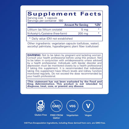 Pure Encapsulations Lithium (Orotate) 5 mg, 180 Capsules
