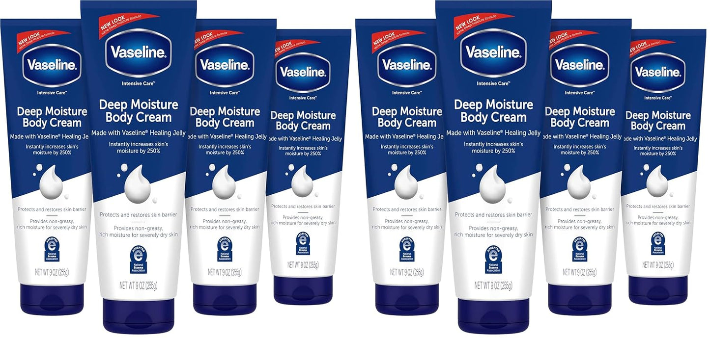 Vaseline Intensive Care Body Cream Deep Moisture with Healing Petroleum Jelly & Vitamin E Rich & Smooth for Dry Skin 9 oz,(Pack of 8)