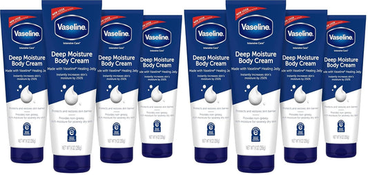 Vaseline Intensive Care Body Cream Deep Moisture with Healing Petroleum Jelly & Vitamin E Rich & Smooth for Dry Skin 9 oz,(Pack of 8)