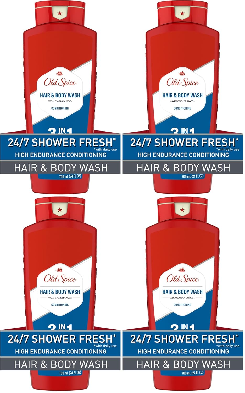Old Spice Refreshing 2-in-1 Hair & Body Wash Conditioner for Men, High Endurance, 3X Defense, 24/7 Shower Fresh with Lasting Scent, Scented, 24 oz (Pack of 4)