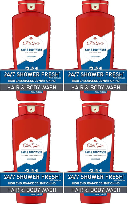 Old Spice Refreshing 2-in-1 Hair & Body Wash Conditioner for Men, High Endurance, 3X Defense, 24/7 Shower Fresh with Lasting Scent, Scented, 24 oz (Pack of 4)