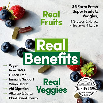 Country Farms Super Fruits and Veggies Capsules, Whole Food Supplement, Powerful Antioxidant, Supports Energy, Immune Health, Boosts Digestive Health, 30 Organic Super Foods, 60 Servings, 2 Pack