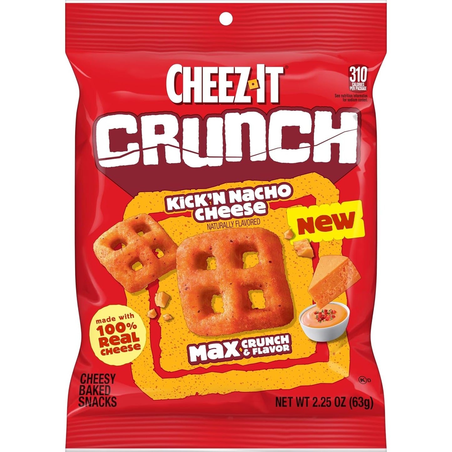 Cheez-It Crunch Cheesy Baked Snacks, Lunch Snacks, Kick'n Nacho Cheese (6 Pouches)