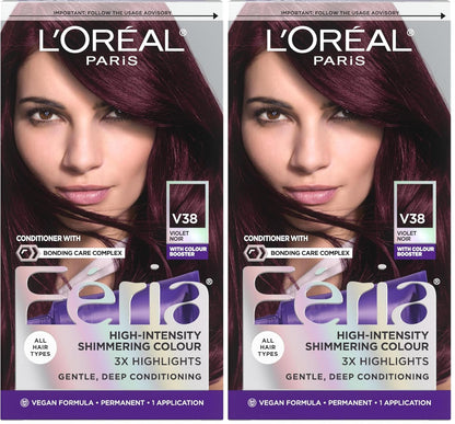 L'Oreal Paris Feria Multi-Faceted Shimmering Permanent Hair Color Hair Dye, V38 Violet Noir (Intense Deep Violet) (Pack of 2)
