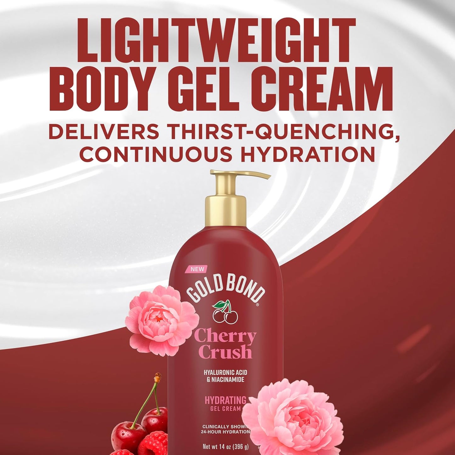 Gold Bond Cherry Crush Hydrating Gel Cream, Juicy Cherry Crush Scent, 24-Hour Hydrating Body Lotion with Hyaluronic Acid and Niacinamide, 14 oz.