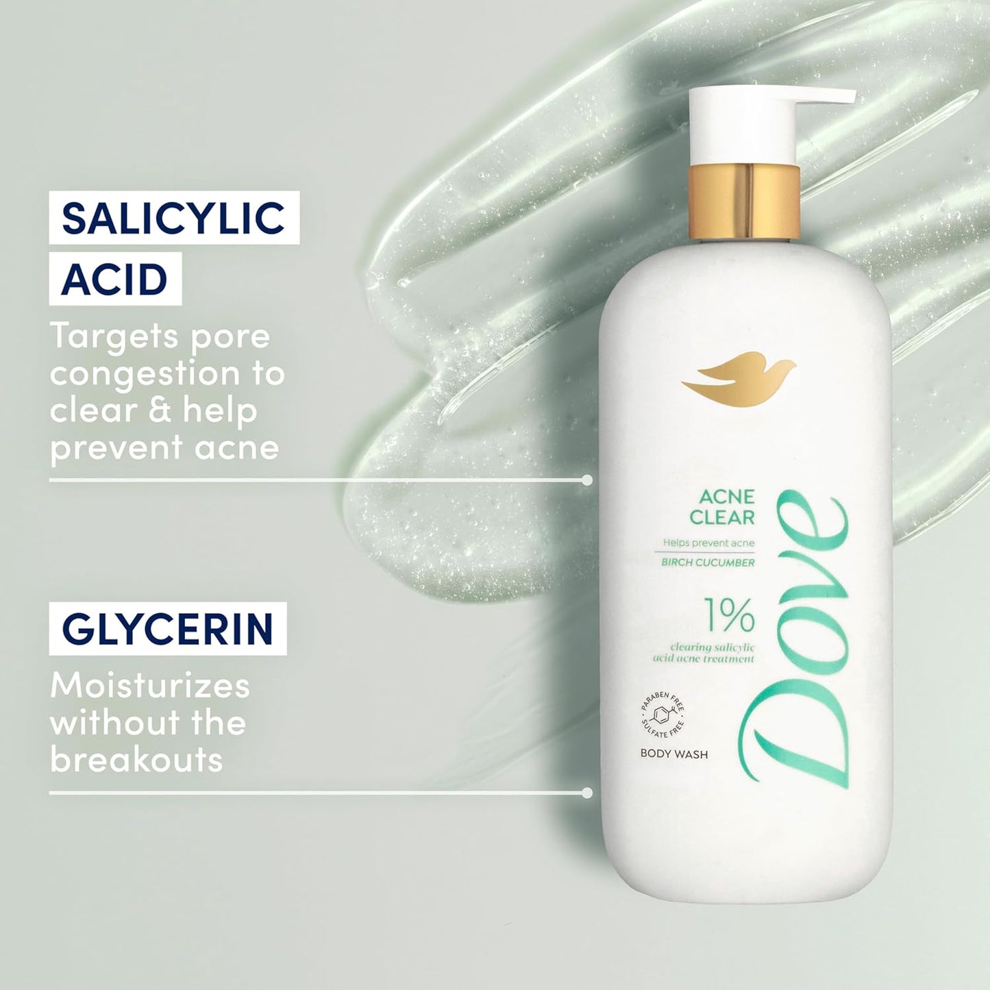 Dove Body Wash Acne Clear Clears & helps prevent acne 1% clearing salicylic acid-acne treatment 18.5 Fl oz (Pack of 4)