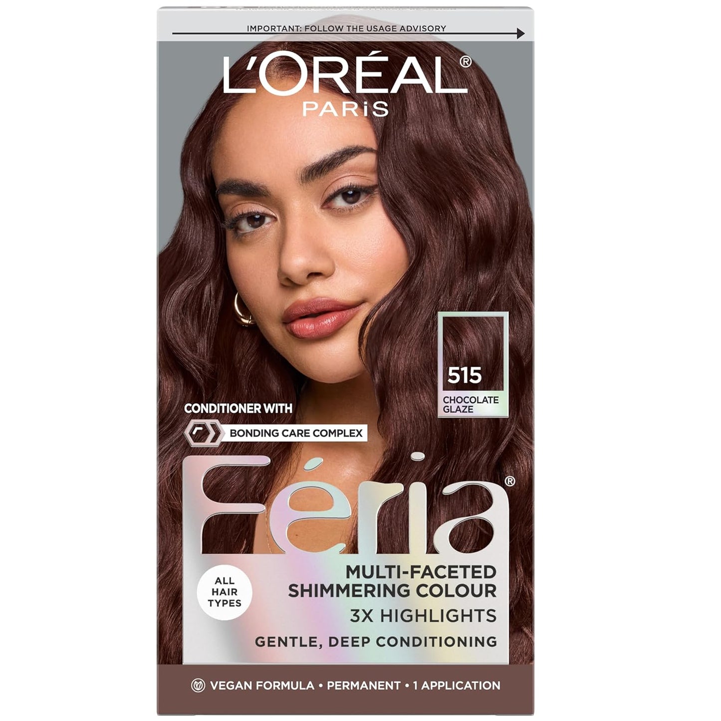 L'Oreal Paris Feria Multi-Faceted Shimmering Permanent Hair Color, High Intensity Hair Dye for 3X Highlights, 515 Chocolate Glaze, 1 Kit