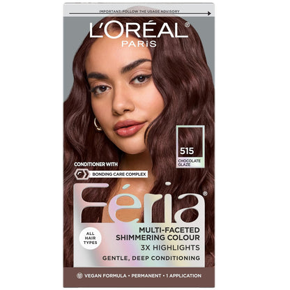 L'Oreal Paris Feria Multi-Faceted Shimmering Permanent Hair Color, High Intensity Hair Dye for 3X Highlights, 515 Chocolate Glaze, 1 Kit