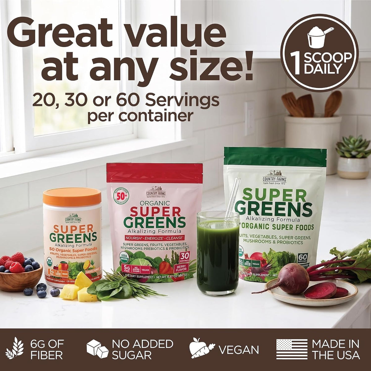 Country Farms Super Greens Chocolate Flavor, 50 Organic Super Foods, USDA Organic Drink Mix (Wheat Grass, Spirulina, Chlorella) Mushrooms & Probiotics, with Fiber, Natural Energy, 30 Servings