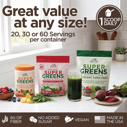 Country Farms Super Greens Chocolate Flavor, 50 Organic Super Foods, USDA Organic Drink Mix (Wheat Grass, Spirulina, Chlorella) Mushrooms & Probiotics, with Fiber, Natural Energy, 30 Servings