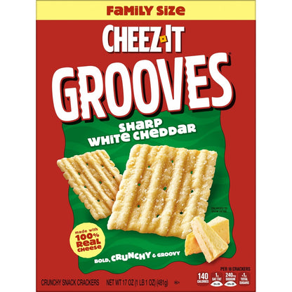 Cheez-It Grooves Crunchy Cheese Crackers, Snack Crackers, Lunch Snacks, Family Size, Sharp White Cheddar, 17oz Box (1 Box)