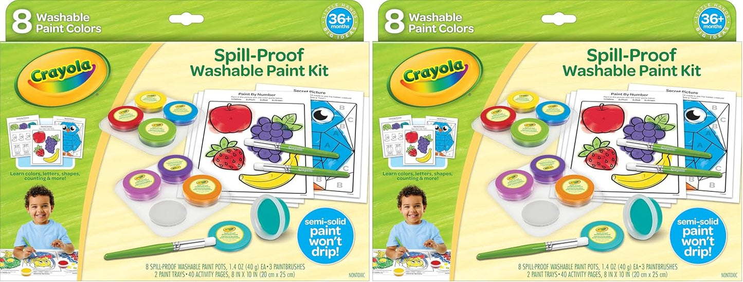 Crayola Spill Proof Paint Set (8ct), Washable Toddler Paint Kit, with Brushes, Pots, Activity Pages, Arts & Crafts Kit, Gift for Toddlers, Ages 3+ (Pack of 2)
