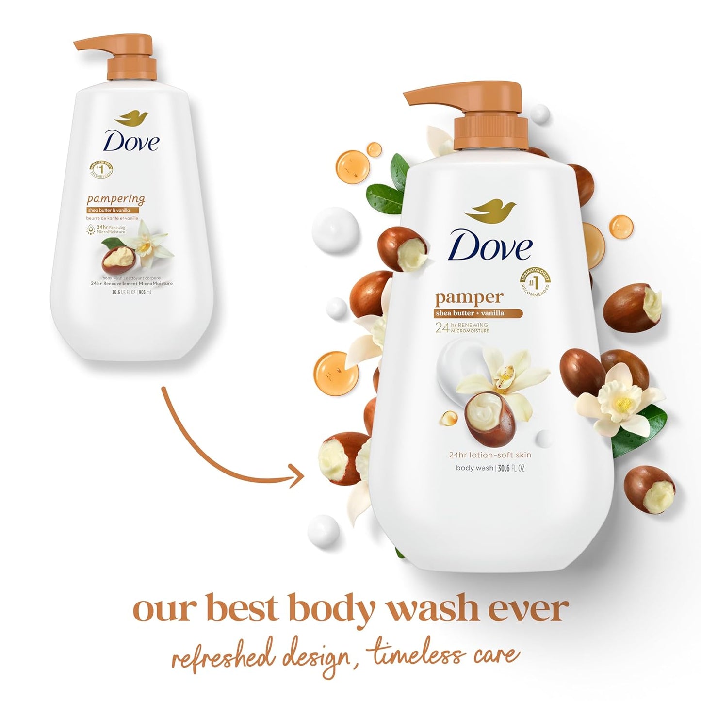 Dove 24hr Lotion Body Wash Pamper Shea Butter & Vanilla, 30.6 oz | Moisturizing body wash with MicroMoisture for 24-hour hydration and lotion-soft skin