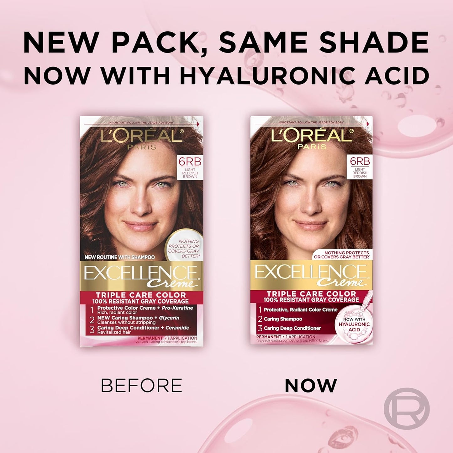 L'Oreal Paris Excellence Crème Permanent Hair Dye, Triple Care Hair Color with Hyaluronic Acid for 100% Gray Coverage, 6RB Light Reddish Brown, 1 Kit (Packaging May Vary)