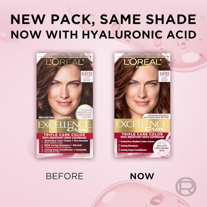 L'Oreal Paris Excellence Crème Permanent Hair Dye, Triple Care Hair Color with Hyaluronic Acid for 100% Gray Coverage, 6RB Light Reddish Brown, 1 Kit (Packaging May Vary)