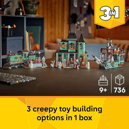 LEGO Creator 3 in 1 Haunted Mansion Building Toy for Kids - Halloween Building Blocks & Learning Toy for Girls & Boys, Ages 9+ - Build a Haunted House, Train, or Ship - Gift for Birthdays - 31167