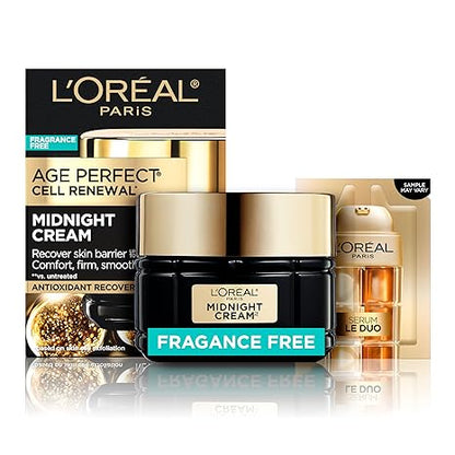 L'Oreal Paris Age Perfect Anti-Aging Midnight Face Cream, Fragrance-Free Face Moisturizer with Shea Butter and Antioxidants to Reduce Wrinkles and Firm Skin, 1.7oz + Serum Sample