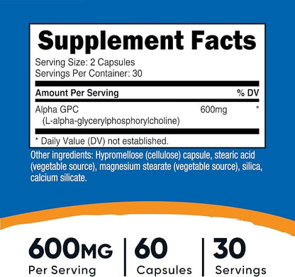 Nutricost Alpha GPC 600mg, 60 Vegetarian Capsules - Non-GMO and Gluten Free, 300mg Per Capsule