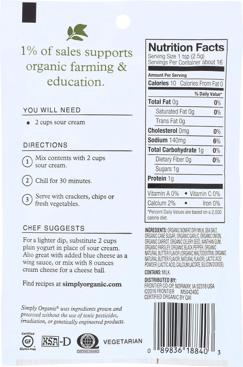 Simply Organic Dip Mix, Ranch, 1.5 oz (Pack of 5)