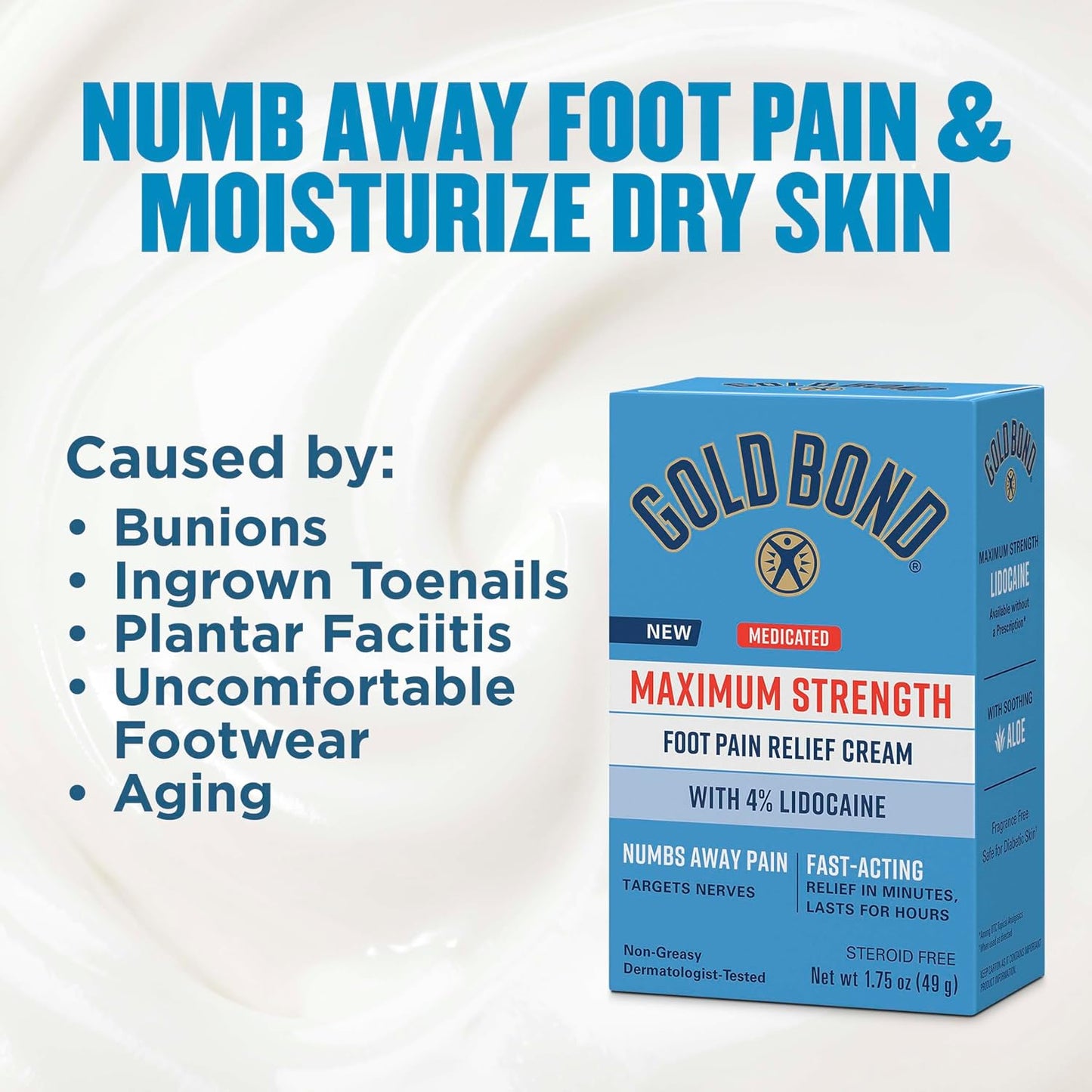Gold Bond Medicated Foot Pain Relief Cream, Maximum Strength Pain Relief with Lidocaine HCI 4% to Numb Nerve Pain in Feet, Moisturizers and Aloe Soothe Dry Cracked Skin on Heels and Feet, 1.75 oz.