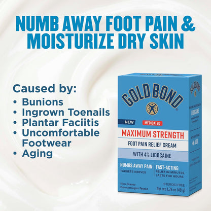 Gold Bond Medicated Foot Pain Relief Cream, Maximum Strength Pain Relief with Lidocaine HCI 4% to Numb Nerve Pain in Feet, Moisturizers and Aloe Soothe Dry Cracked Skin on Heels and Feet, 1.75 oz.