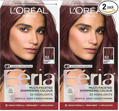 L’Oreal Paris Feria Multi-Faceted Shimmering Permanent Hair Color, High Intensity Hair Dye for 3X Highlights, 52 Auburn Rose, 1 Hair Dye Kit (Pack of 2)