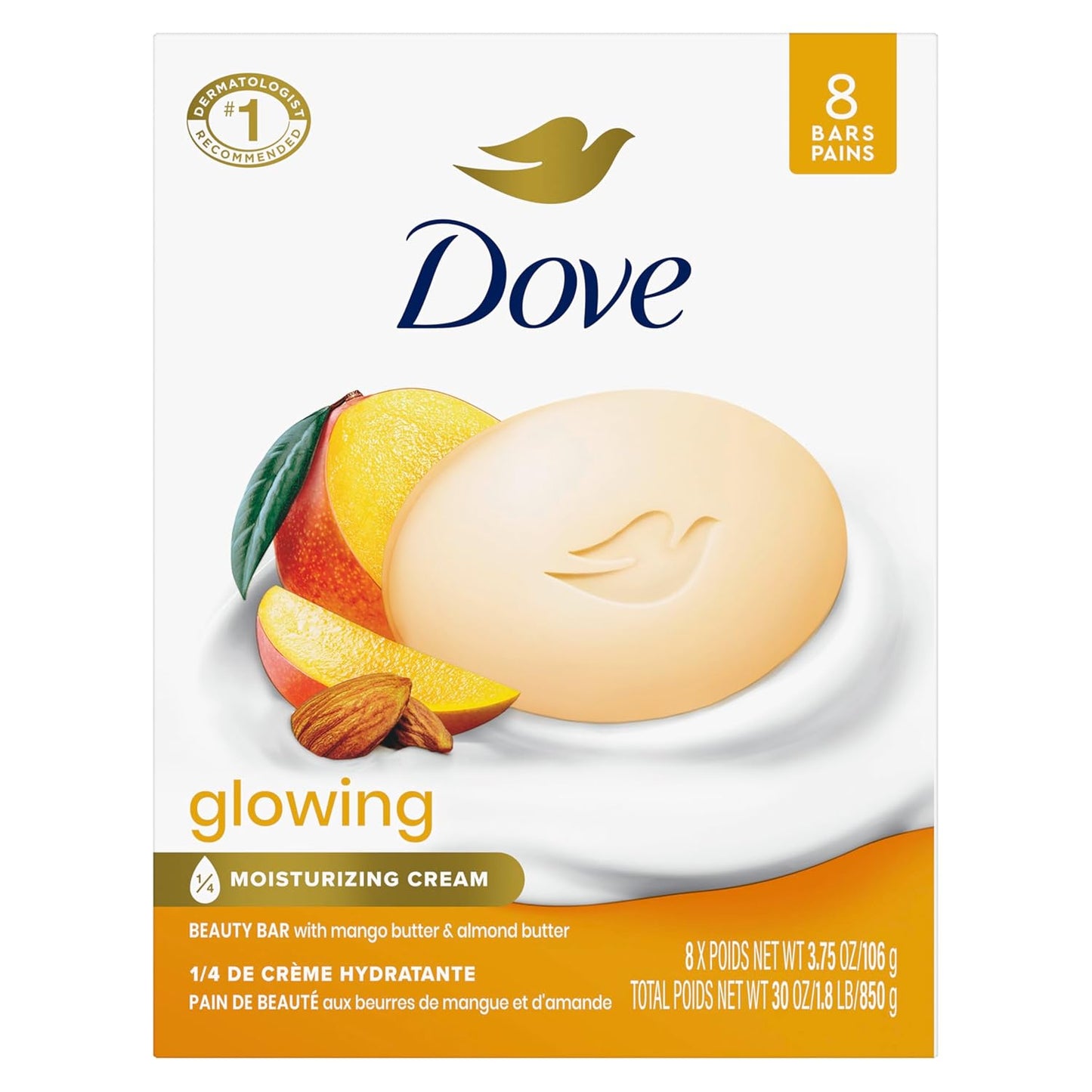 Dove Glowing Beauty Bar Soap 8 Count, Mango & Almond Butters, 3.75 oz I Moisturizing beauty bar with mango and almond butters for soft, smooth and radiant-looking skin
