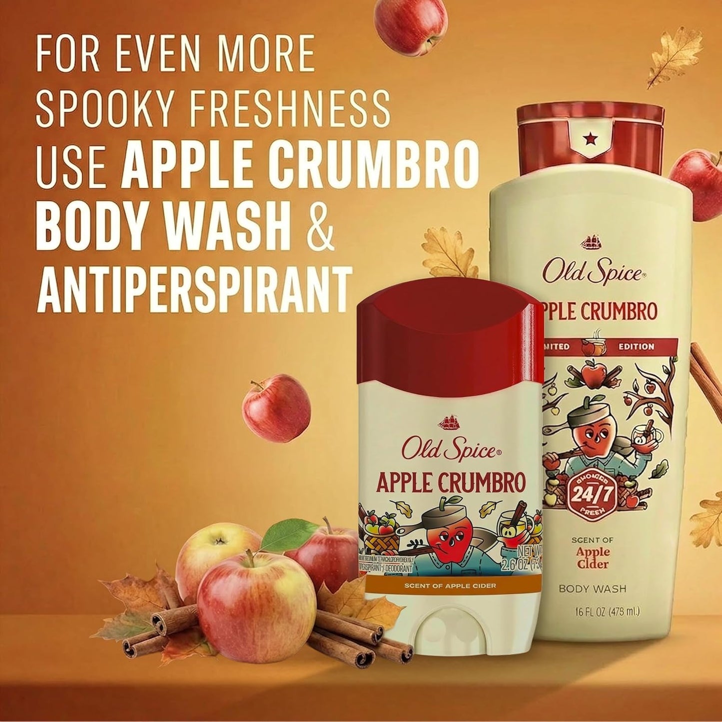 Old Spice Body Wash for Men, Fallidudes Edition, 24/7 Frightful Freshness, Long Lasting Cleanse & Refresh, Apple Crumbro with Apple Cider Scent, 16 oz