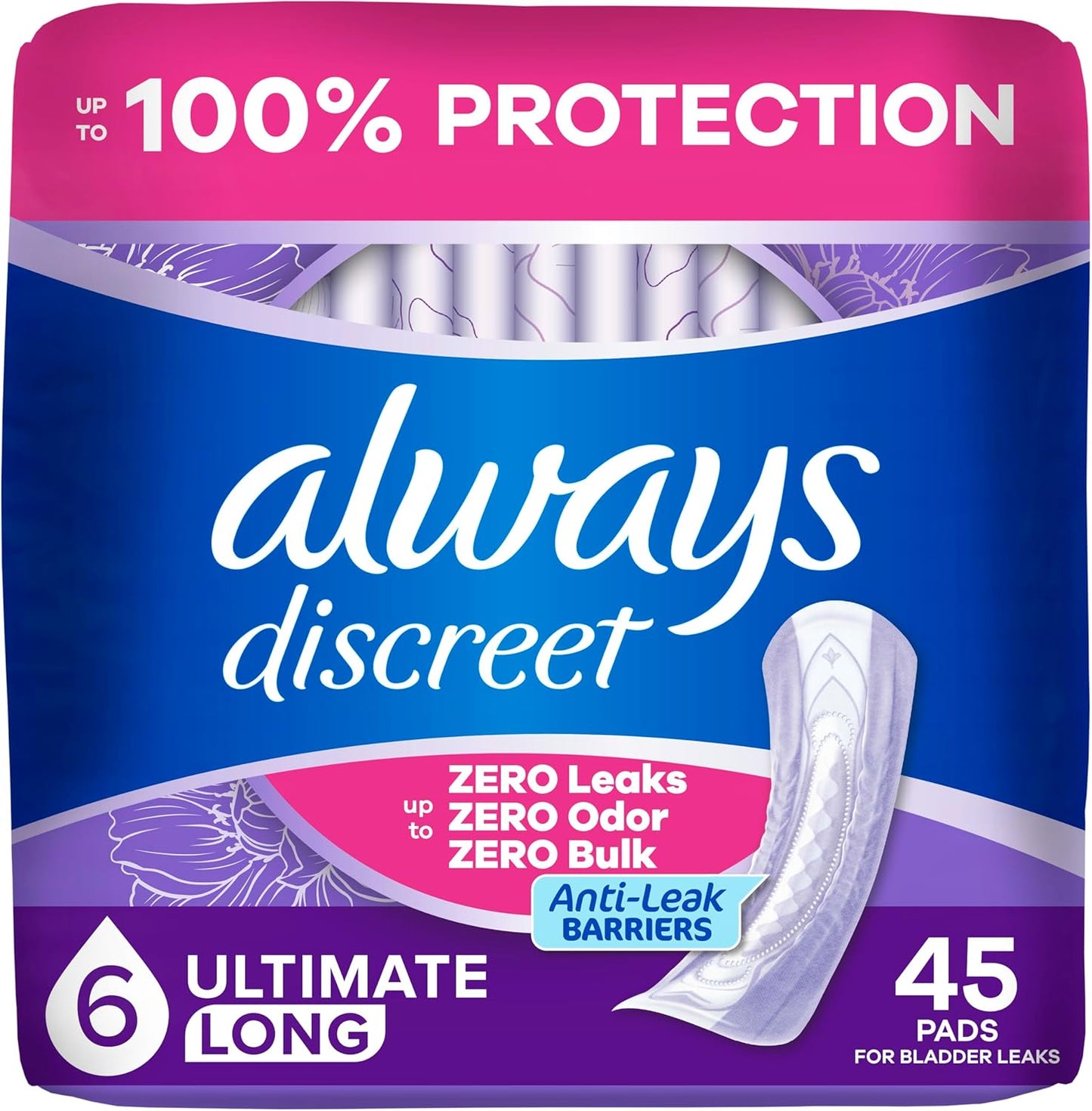 Always Discreet Adult Incontinence Pads for Women, Drier, 6 Drop Long Length, Extra Heavy Absorbency, Pads for Bladder Control Management, Bladder Leaks, & Postpartum Pads, 60ct