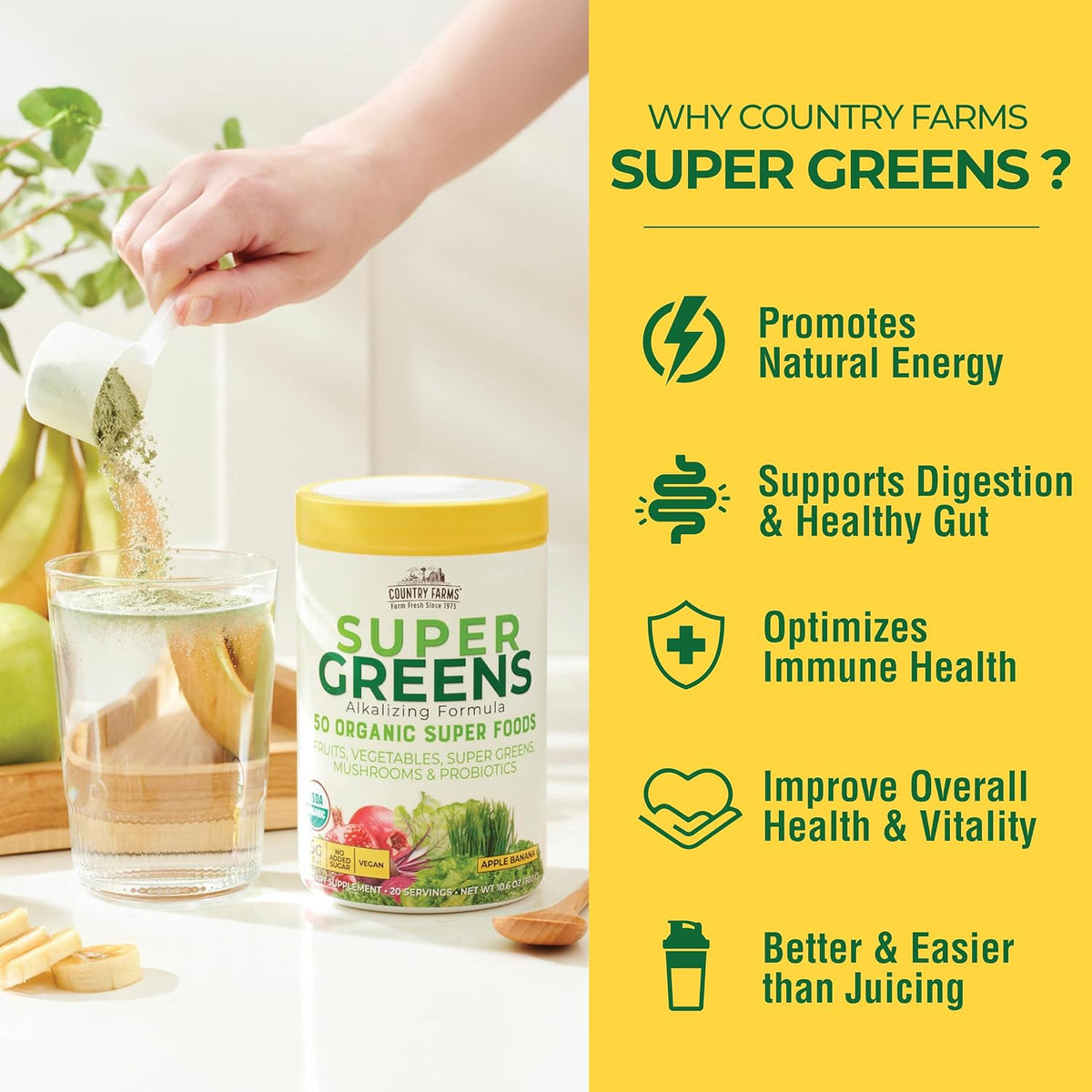Country Farms Organic Super Greens Powder, Daily Greens Drink Mix with 50 Organic Superfoods, Fruits, Vegetables, Fiber, Mushrooms & Probiotics for Gut Health, Digestion & Energy, Banana Flavor