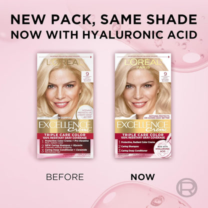 L'Oreal Paris Excellence Crème Permanent Hair Dye, Triple Care Hair Color with Hyaluronic Acid for 100% Gray Coverage, 9 Light Natural Blonde, 1 Kit (Packaging May Vary)