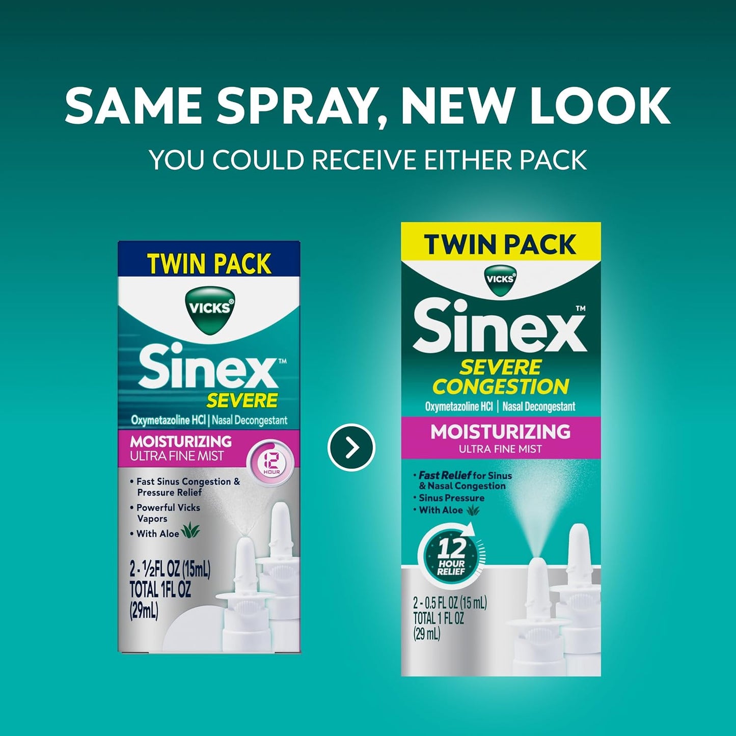 Vicks Sinex Severe Nasal Spray, Moisturizing Ultra Fine Mist with Aloe, Decongestant Medicine, Relief from Stuffy Nose Due to Cold or Allergy, Nasal Congestion & Sinus Pressure Relief, 265 Sprays x 2
