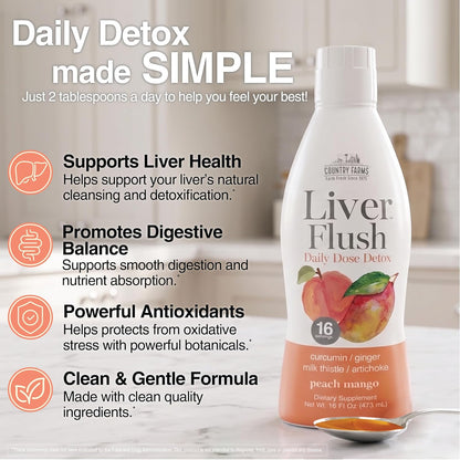Country Farms Liver Flush Daily Dose Detox Liquid Supplement – Peach Mango Flavor – Liver & Digestive Support with Milk Thistle, Artichoke, Ginger, Turmeric & Organic Inulin Fiber, 16 Fl Oz