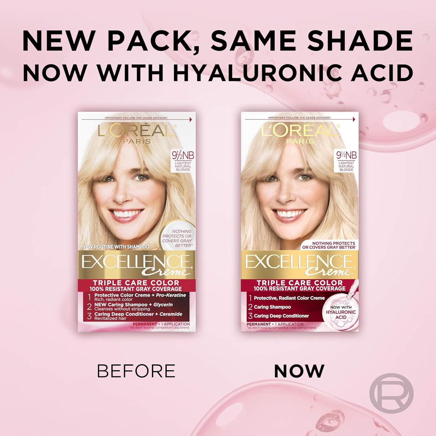 L'Oreal Paris Excellence Crème Permanent Hair Dye, Triple Care Hair Color with Hyaluronic Acid for 100% Gray Coverage, 9.5NB Lightest Natural Blonde, 1 Kit (Packaging May Vary)