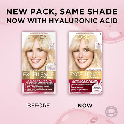 L'Oreal Paris Excellence Crème Permanent Hair Dye, Triple Care Hair Color with Hyaluronic Acid for 100% Gray Coverage, 9.5NB Lightest Natural Blonde, 1 Kit (Packaging May Vary)