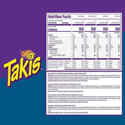 Takis 18 pc / 1 oz Variety Pack, Assorted Flavored Mixed Rolled Tortilla Chips – (5) Fuego, (5) Blue Heat, (4) Nitro, (4) Crunchy Fajitas (Pack of 2)