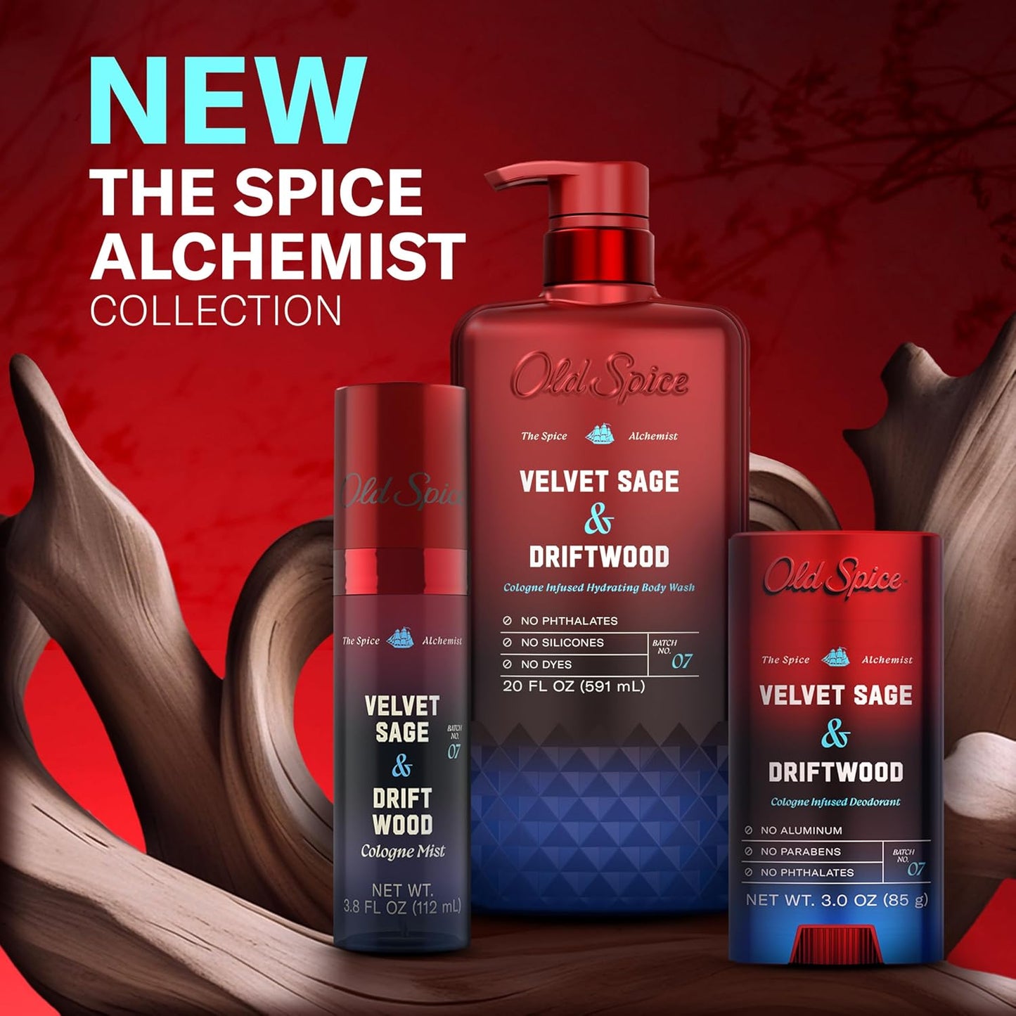 Old Spice Aluminum Free Deodorant for Men, The Spice Alchemist Collection, 24/7 Cologne Infused Scent, No Trade Off Formula, Free of Parabens & Phthalates, Velvet Sage + Drift Wood Scent, 3.0 oz