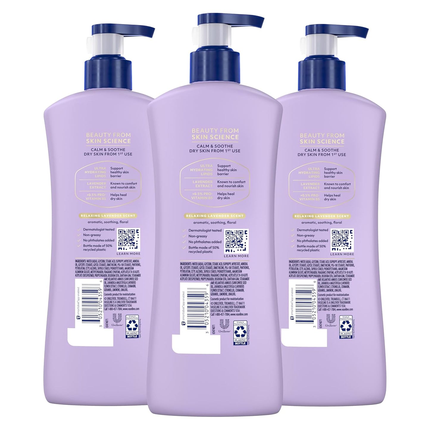 Vaseline Intensive Care Calm Healing Body Lotion 3 count for Dry Skin Made with Ultra-Hydrating Lipids and Lavender Extract to Heal and Restore Dry Skin 20.3 oz