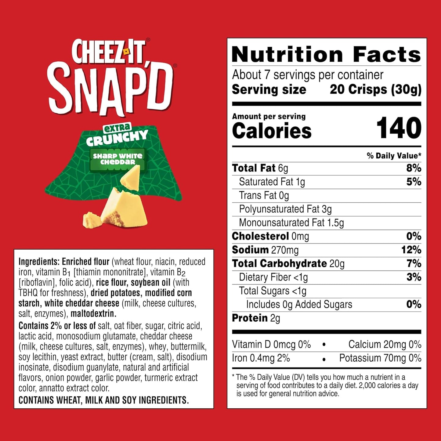 Cheez-It Snap'd Cheese Cracker Chips, Thin Crisps, Extra Crunchy, Sharp White Cheddar (6 Bags)