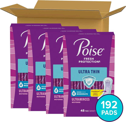 Poise Ultra Thin Incontinence Pads & Postpartum Pads for Bladder Leaks, 4 Drop Moderate Absorbency, Regular Length, 192 Count (4 Packs of 48), Packaging May Vary