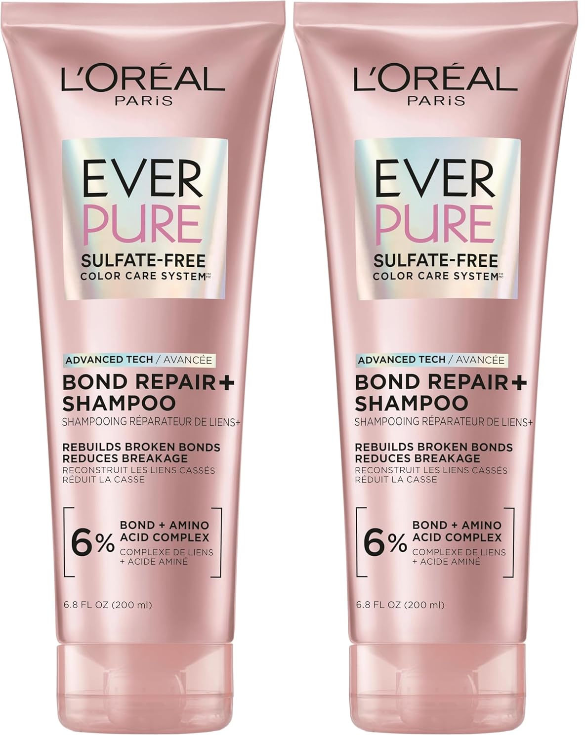 L'Oreal Paris Sulfate Free Bond Repair+ Shampoo,Hair Shampoo with Bond + Amino Acid Complex,Strengthens and Repairs Damaged or Color Treated Hair,EverPure,6.8 Fl Oz (Packaging May Vary),(Pack of 2)