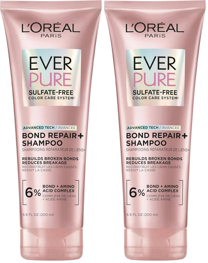 L'Oreal Paris Sulfate Free Bond Repair+ Shampoo,Hair Shampoo with Bond + Amino Acid Complex,Strengthens and Repairs Damaged or Color Treated Hair,EverPure,6.8 Fl Oz (Packaging May Vary),(Pack of 2)