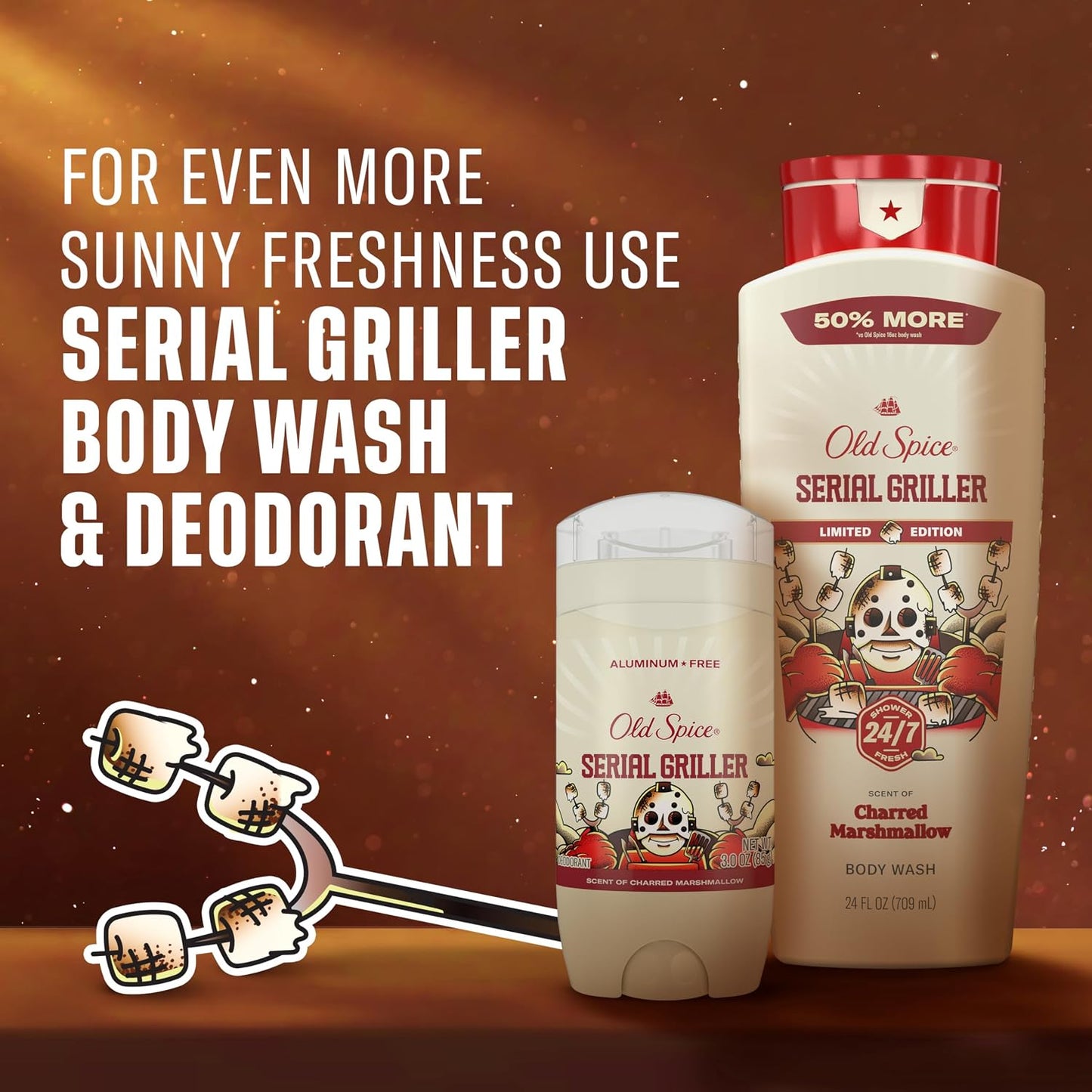 Old Spice Body Wash for Men, Summerdudes, 24/7 Shower Fresh with Daily Use, Long Lasting Scent, Cleanse & Refresh Skin, VIP Festival Experience, Serial Griller with Charred Marshmallow Scent, 24 oz