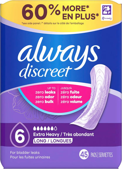 Always Discreet Adult Incontinence Pads for Women, Drier, 6 Drop Long Length, Extra Heavy Absorbency, Pads for Bladder Control Management, Bladder Leaks, & Postpartum Pads, 60ct