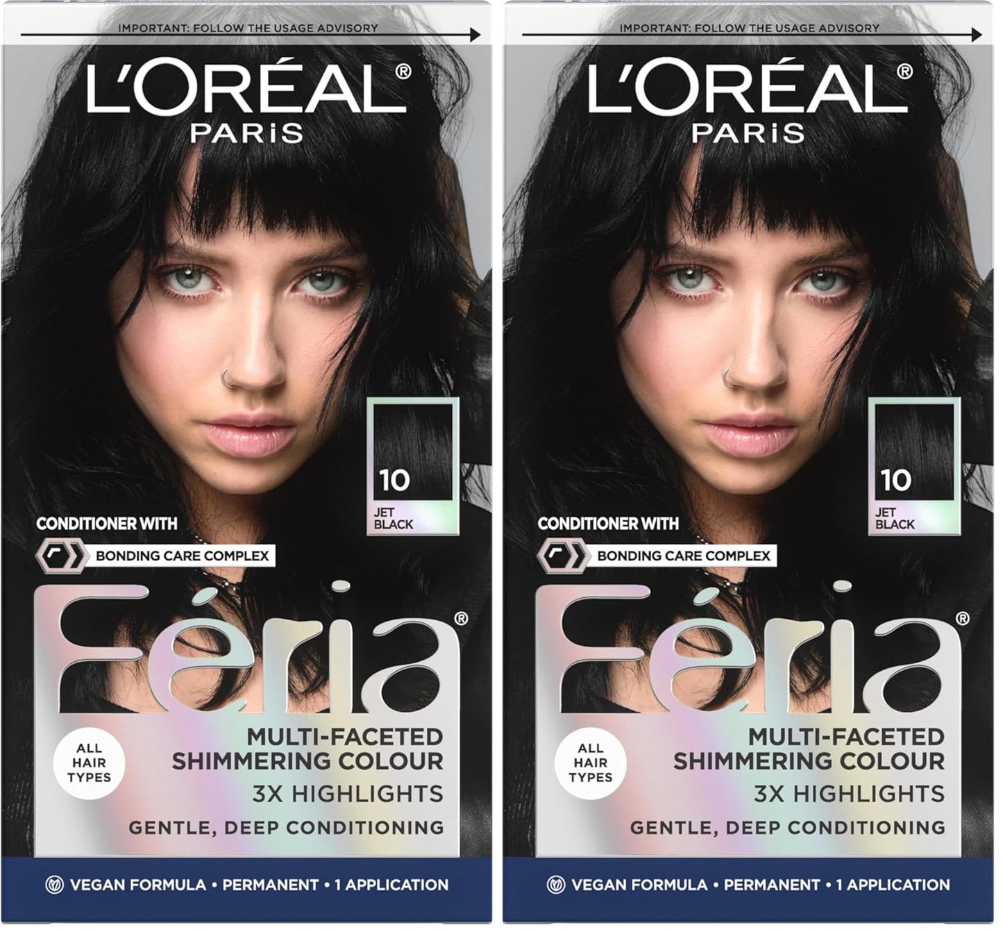 L’Oreal Paris Feria Multi-Faceted Shimmering Permanent Hair Color, High Intensity Hair Dye for 3X Highlights, 10 Jet Black (Blackest Black), 1 Hair Dye Kit (Pack of 2)