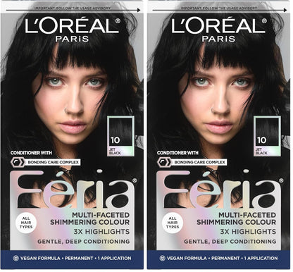 L’Oreal Paris Feria Multi-Faceted Shimmering Permanent Hair Color, High Intensity Hair Dye for 3X Highlights, 10 Jet Black (Blackest Black), 1 Hair Dye Kit (Pack of 2)