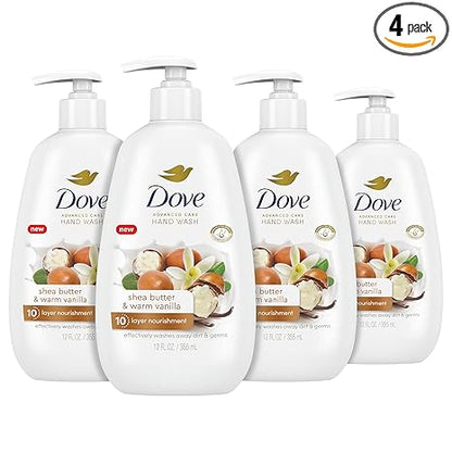 Dove Advanced Care Hand Wash Shea Butter & Warm Vanilla 4 Count for Soft, Smooth Skin, More Moisturizers than the Leading Ordinary Hand Soap, 12 oz