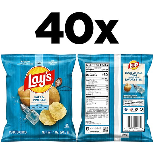 Lay's Salt & Vinegar Flavored Potato Chips, 1 oz Bags, (40 Count) (Packaging May Vary)