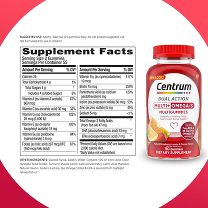 Centrum MultiGummies Multi+ Omega 3, Assorted Fruit Flavors, 110 Count