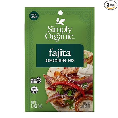 Simply Organic Fajita Seasoning Mix, Gluten Free, Certified Organic, Kosher - Chicken Fajita Seasoning - Pure Flavor for Tacos, Stir-Fries, Mexican Dishes, and More | 1.13 Ounce (Pack of 3)
